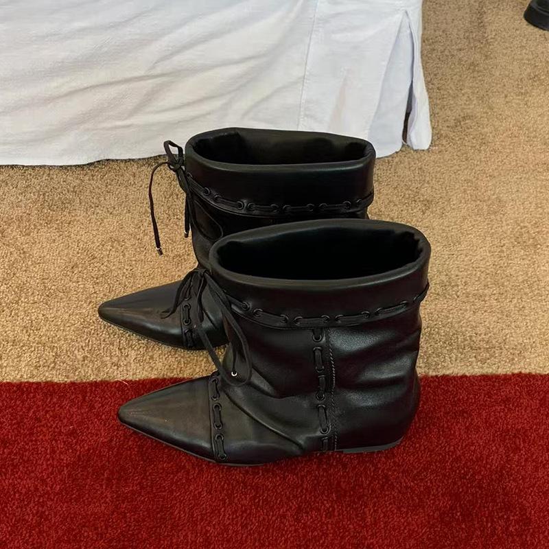 Super soft lambskin~ Stacked pleated knight boots female Maillard folding two wear western boots cowboy boots long tube