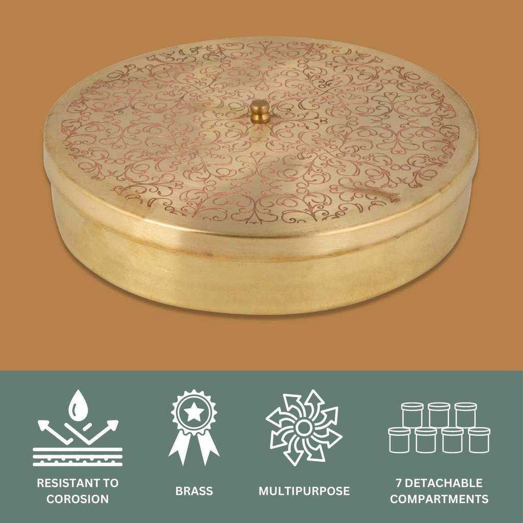 Pure Brass Kitchen Masala Dabba 8" - Floral Etched Spice Box, 7 Compartment, Handcrafted Container with Spoon & Lid