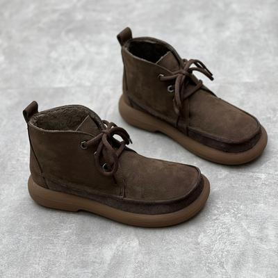 Genuine Leather Women's Cotton Boots Handmade Round Toe Flat Bottom Casual Soft Cowhide Cotton Shoes