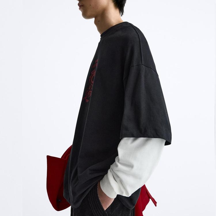 Zara Ss24 Year Of The Dragon Limited Edition Color Block Faux Two-Piece Round Neck Pullover Long Sleeve T-Shirt Men Tops Gray 0722408-922