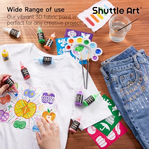 Shuttle Art 3D Fabric Paint Set, 45 Colors, 30ml each, Metallic Colors, Washable, Durable, Paintbrush, Stencil, and Palette Included, Perfect for DIY