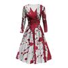 Kvinners mote V-hals Ruffle Langermet Halloween Print Slim Fit Gown Casual Dress