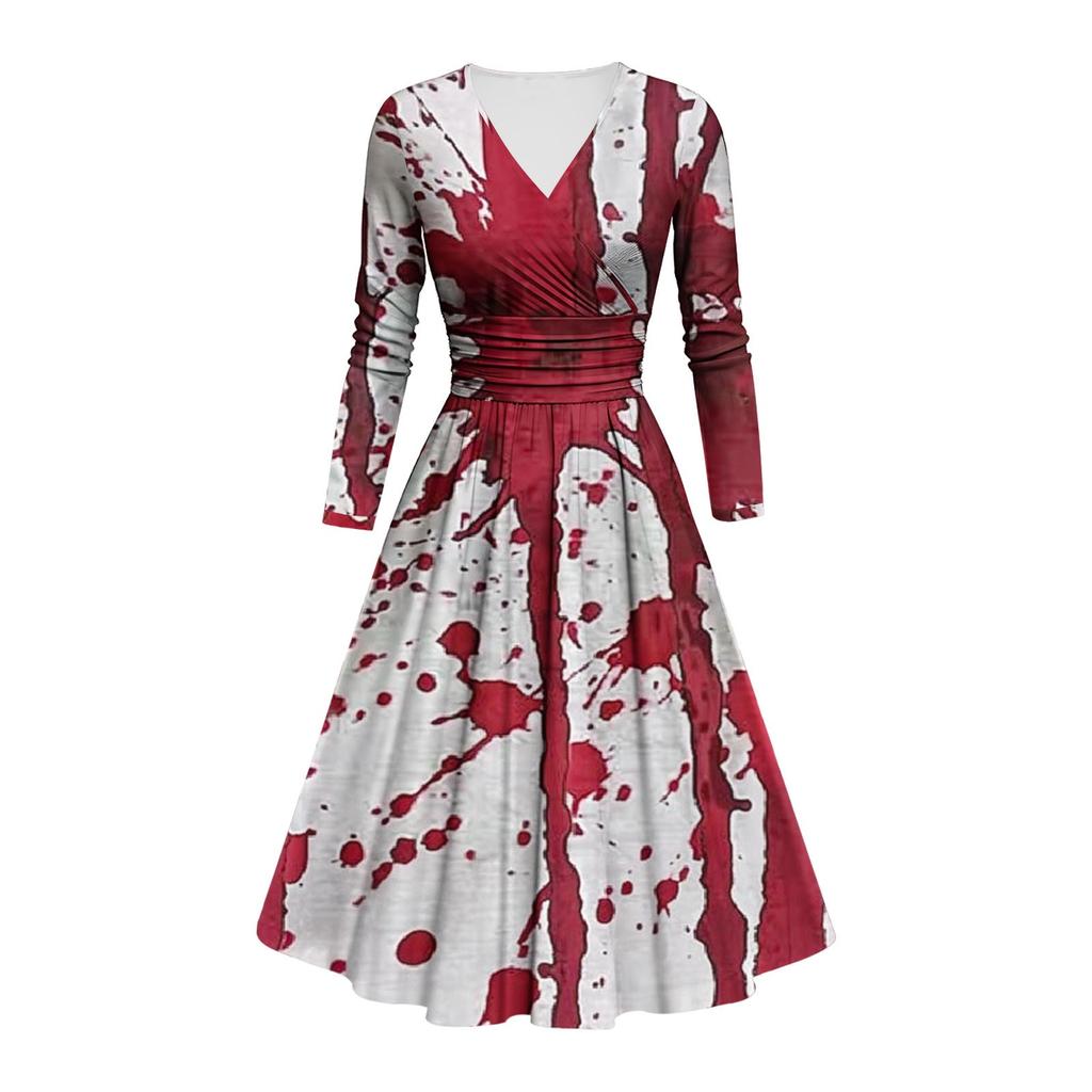 Kvinners mote V-hals Ruffle Langermet Halloween Print Slim Fit Gown Casual Dress