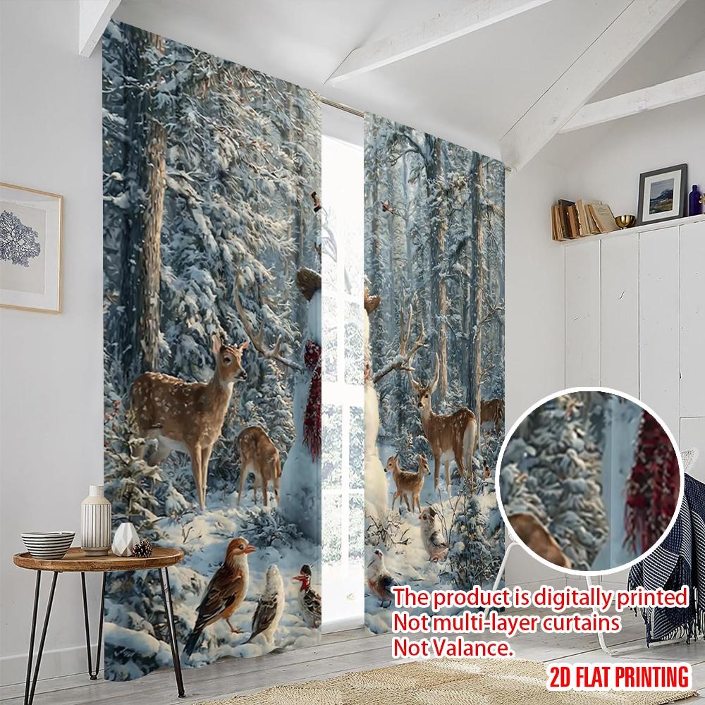 2pcs,2D Plane Printing Pattern Curtains Snowman & Reindeer Polyester (without Rod) Decorations For Home for Bedroom, Living Room