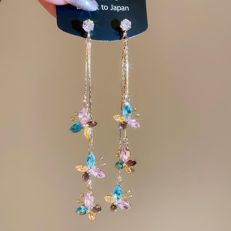Silver needle zircon colored butterfly tassel pendant earrings retro court style elegant stud earrings light luxury high-end earrings