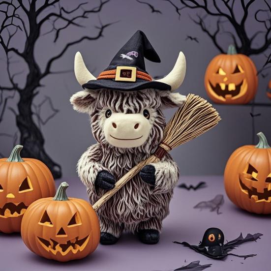 Highland Cow Resin Figurine Halloween Christmas Highland Cattle Cat Statue Animal Sculpture Holiday Party Decoration Ornament