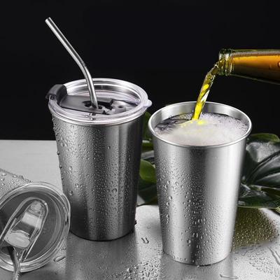 Gümüş Paslanmaz Çelik Bira Kupaları Kapaklı Metal Şarap Bardakları Ofis Çay Süt Pipet Su Bardakları Seyahat Kamp İçecek Kapları Araçlar