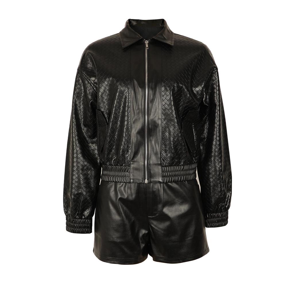 European & American Women's Two-piece Set: Weave Style Lapel Loose Leather Jacket with Shorts