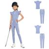 Kids Girls Equestrian Training Set Zip Stand Collar Ruffled Sleeve Contrast Trim Top and Non-slip Full Seat Riding Pants for Competition