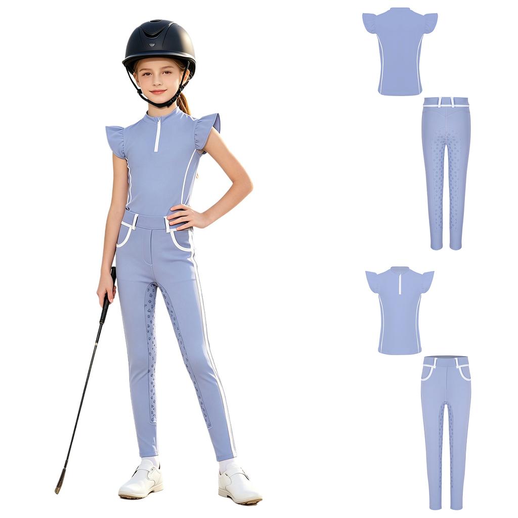 Kids Girls Equestrian Training Set Zip Stand Collar Ruffled Sleeve Contrast Trim Top and Non-slip Full Seat Riding Pants for Competition