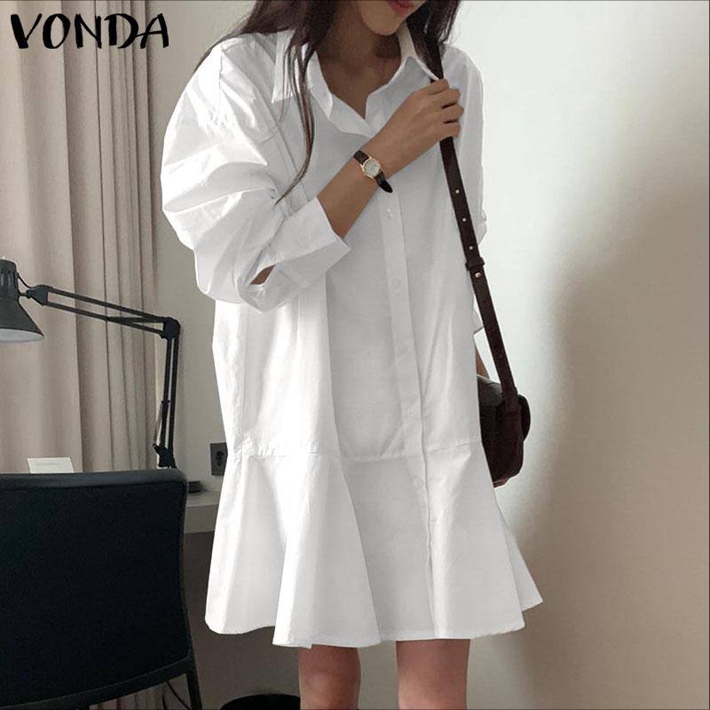 VONDA Women Lapel Neck Long Sleeve Solid Button Down Casual Ruffled Shirts Dress