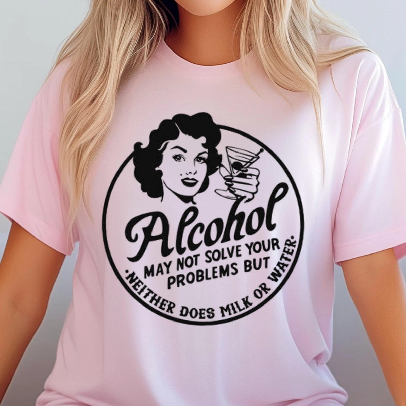 Retro Alcohol May Not Solve Your Problems T-Shirt, Funny Women s Drinking Tee S