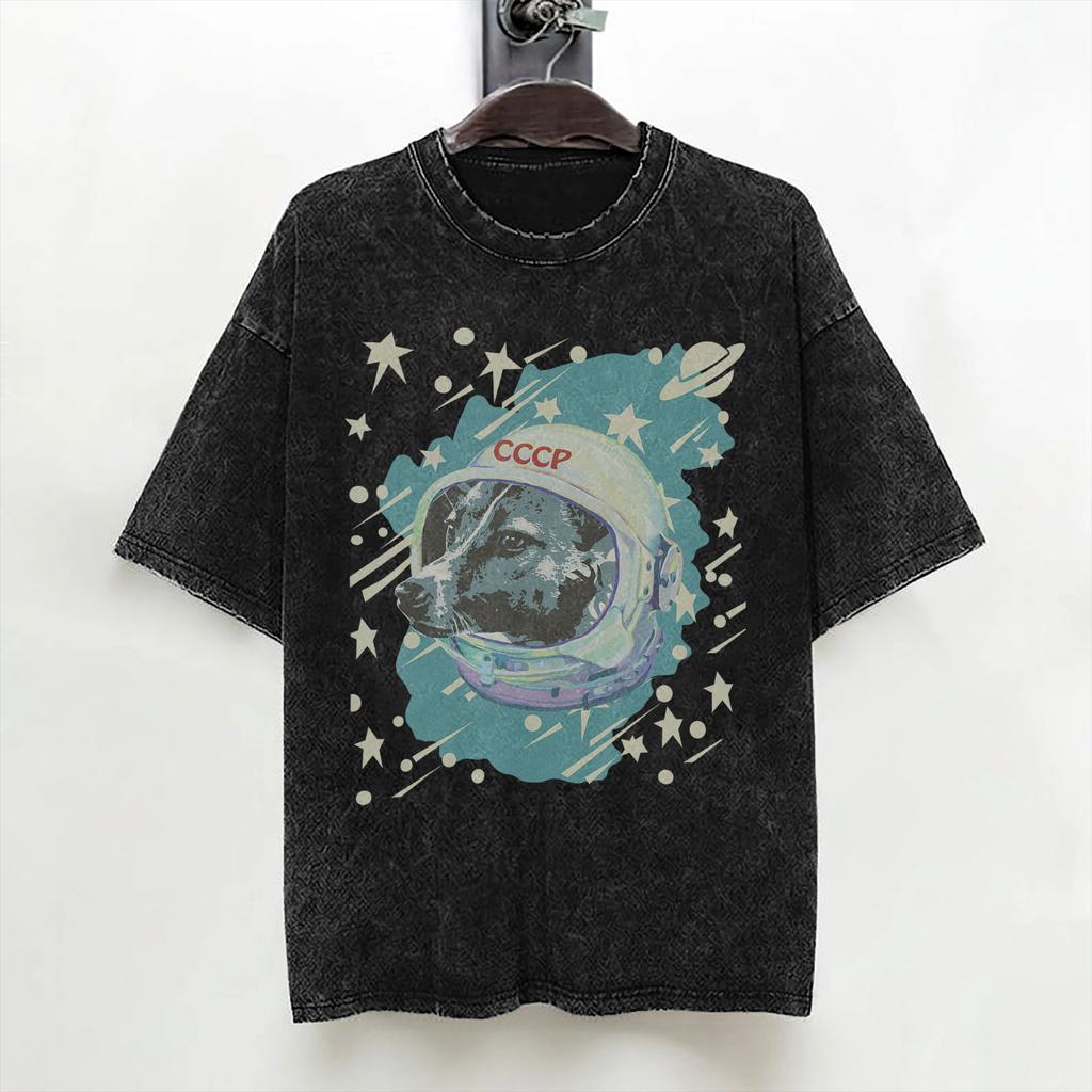 Laika Dog Sputnik Space Dog Space Travel USSR CCCP T Shirts Washed 100 Cotton TShirt for Men Women Streetwear Summer Tees