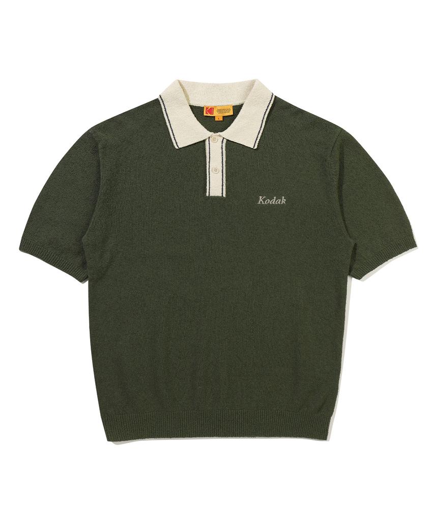 KODAK Collar Contrast Boucle Short Sleeve Knit Khaki