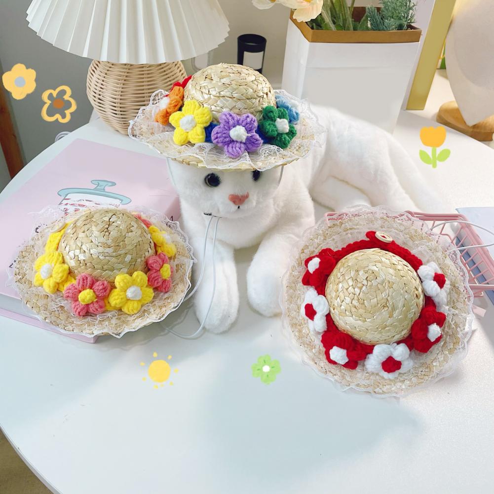 Pet Straw Hat Cute Pet Headwear Pet Sun Protection Straw Hats for Dogs Cats Mini Dog Beach Hat with Flower Cat Sun Hat for Small
