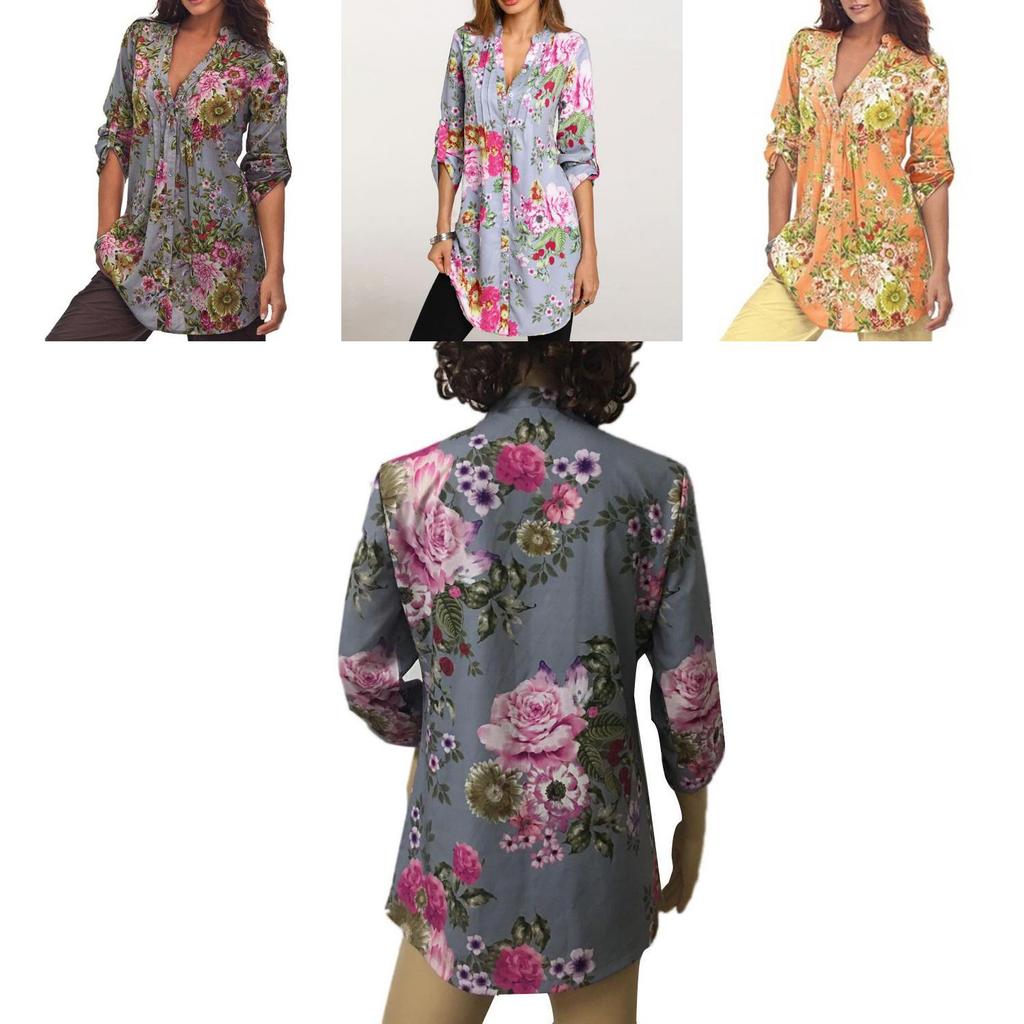 Elegant Bb Women Floral Print V-neck Big Size Tops Tunic For All Seasons