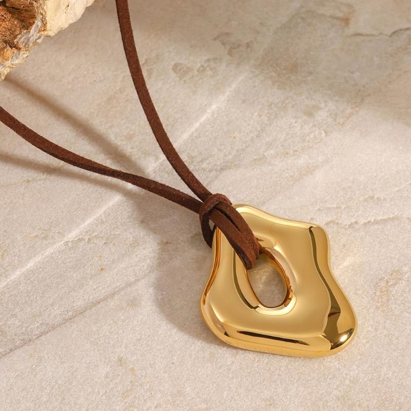 Trendy Irregular Geometric Metal Pendant Necklace Stylish Wax Rope Neckchain Handmade Jewelry Gift for Women Girls