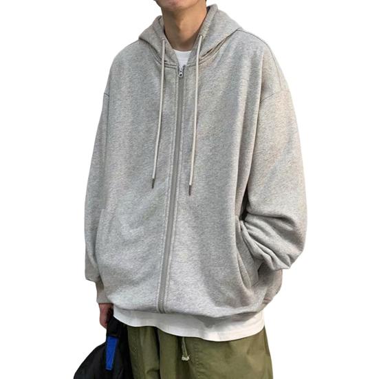 Men Hooded Jacket Zip-up Loose Sweatshirt Jacket Solid Color Casual