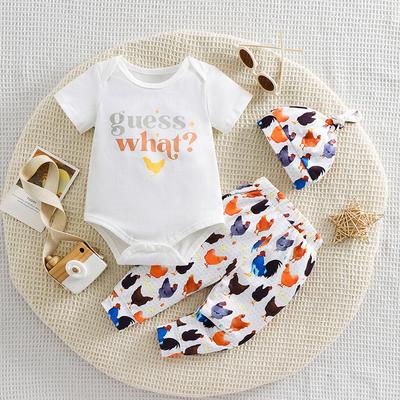 Baby Cute Alphabet Short Sleeve Cotton Bodysuit With Chick Print Pants and Hat Outfit Set