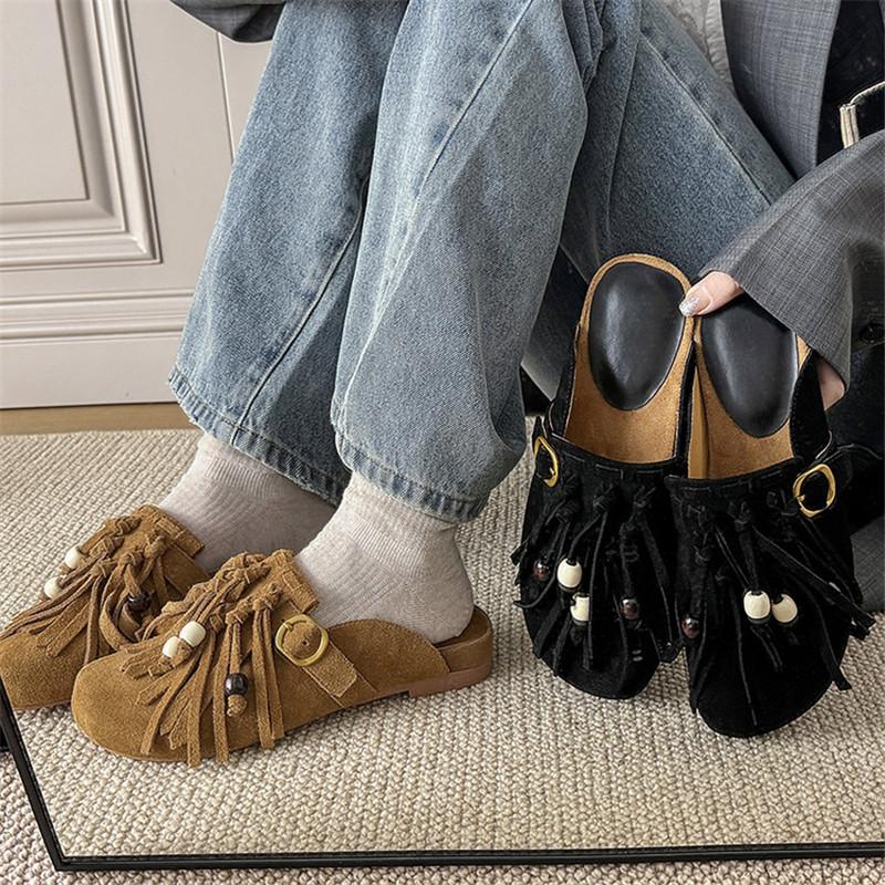 Fashion New Summer Slippers Cow Suede Slippers for Women Fashion Tassel Decoration Mules Round Toe Low Heels Cover Toe Slippers Sandals