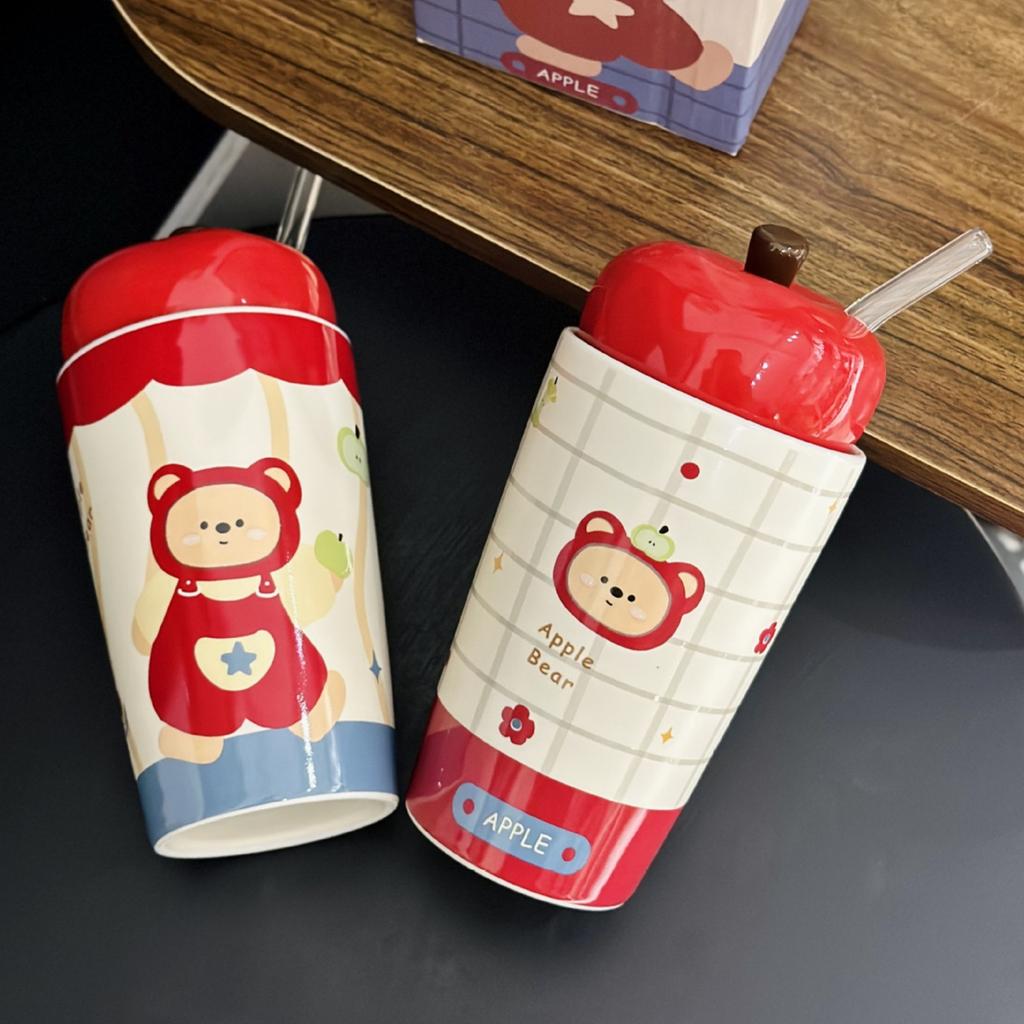 Niedlicher Cartoon Bär Apfelform Keramiktasse mit Deckel Heim Strohhalmbecher Weihnachtsgeschenk Souvenir