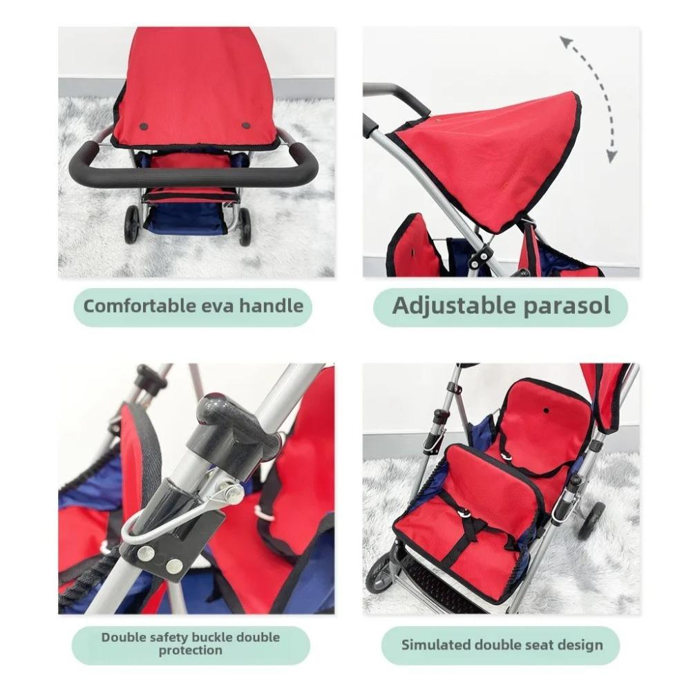 Doll Twin Stroller Double Front to Back Stroller for Dolls Foldable Toy Pram with Canopy & Storage Basket Pretend Play for Kids