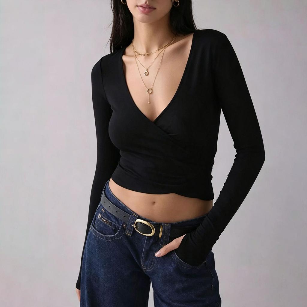 Women's Color Cross Back Long Sleeve Fitted Top for Casual Everyday Wear