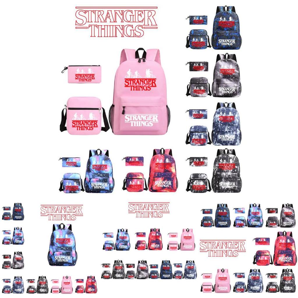 Stylish Stranger Things Canvas Backpack Set Includes Shoulder Bag And Pencil Case Perfect For Casual Travel