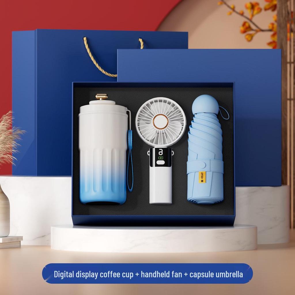 Digital Display Coffee Cup & Handheld Fan Business Gift Set for Leaders & Colleagues - Customizable with Logo