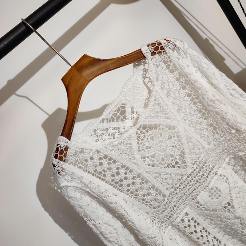 DIMANAF 2025 T-Shirt Women Knitting Lace Vest O-Neck Hollow Summer Style Long sleeve Basic White Tops Tees Loose Clothing Bei