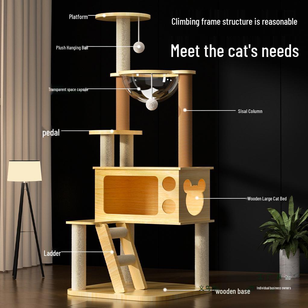 Integrated Cat Tree: Climbing Frame, Bed, Space Capsule, Sisal Toys, and Floor-to-Ceiling Post