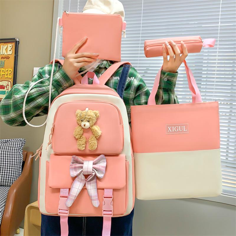 Schoolbag Student Backpack Four-piece Set Female Cute Bear Japanese Campus School Bag Large Capacity Set Transfer Backpack Portable