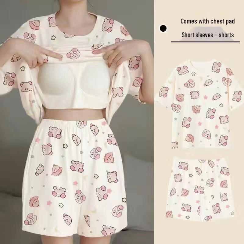 Korean Style Women's Cartoon Pajamas Set with Built-in Bra - Short-Sleeved, Loose, Plus Size, Summer Homewear