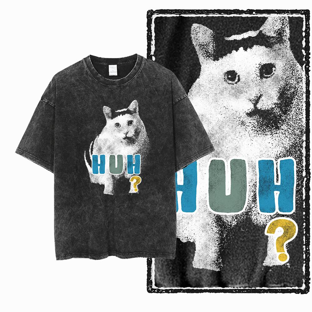 Huh Katze Meme Verwirrte Katze Grafikdruck Gewaschen Verwaschen Große Größe Baumwolle Unisex Humor T-Shirt G
