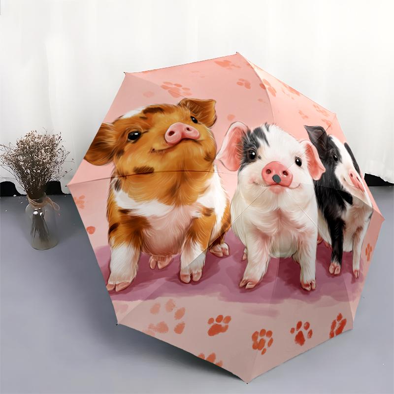 Pink Piglet Pattern, Automatic Folding Umbrella, Portable and Foldable Design, 8 Ribs, a Christmas or Birthday Gift.
