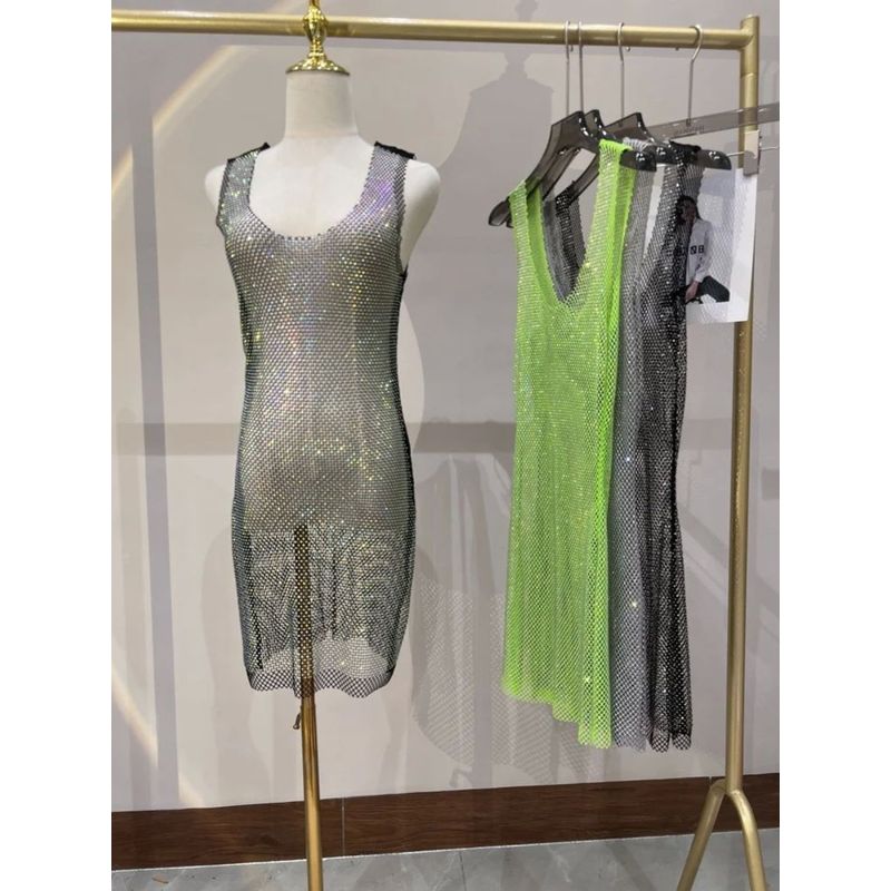 Mesh See through round Neck Neck Dress Sleeveless Hollow Mesh See through round Neck Dress