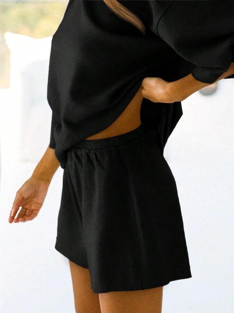 Womens 3/4 Sleeve Lounge Set Oversized Top and Elastic Waist Shorts