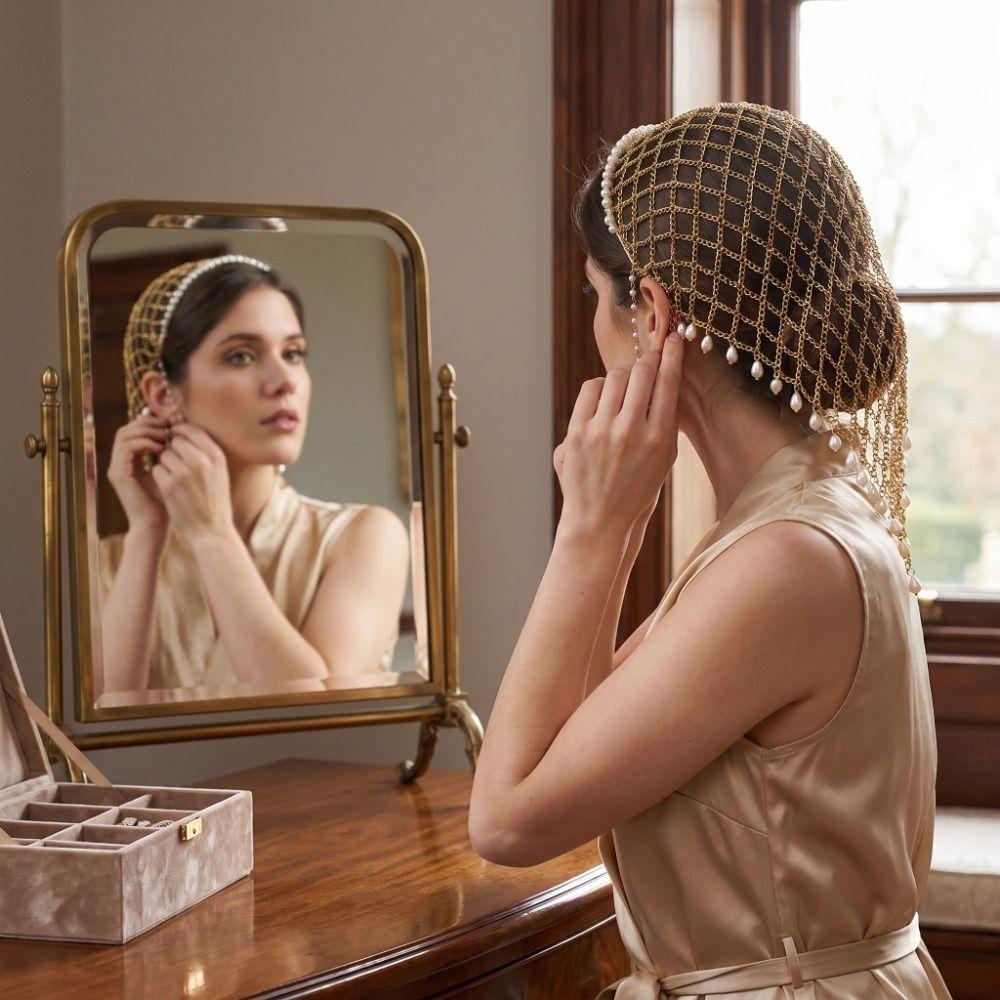 Layered Pearl Hair Chain Draped Chain Mesh Headpiece Boho Beaded Tassel Hair Net  Women