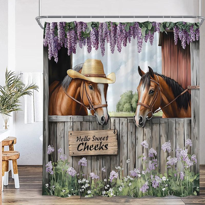 Western Barn Horse Shower Curtains Sunflower Lavender Floral Farmhouse Wooden Door Farm Animal Bathroom Curtain Decor with Hooks