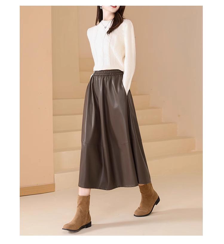 Hepburn Style A-Line Matte PU Leather Skirt: Retro Mid-Length, Elastic Waist, Large Swing, Autumn/Winter