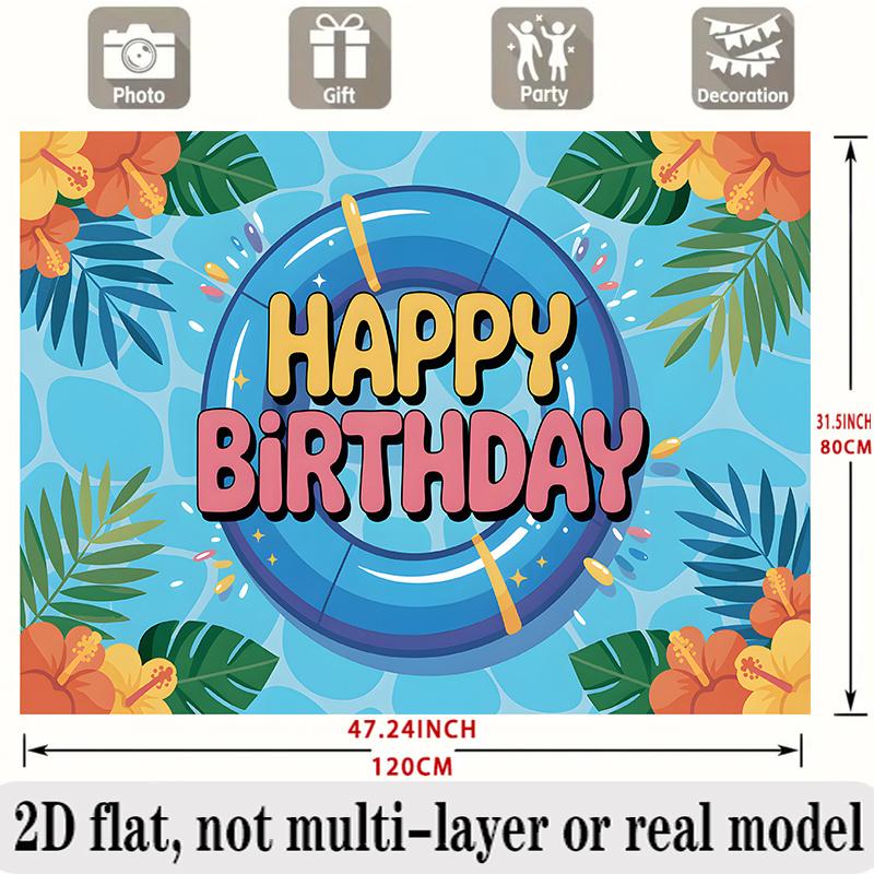 Tropical Birthday Banner, Blue Pool Flower Pattern Backdrop Wall Decor for Summer