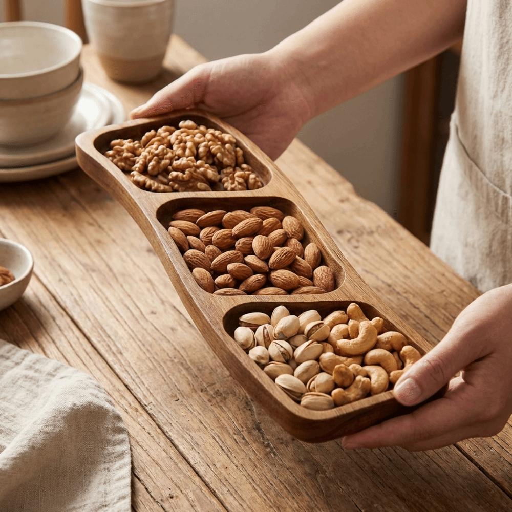 3/4 Compartments Wooden Snack Tray Portable Nut Platter Candies Tray  Living Room