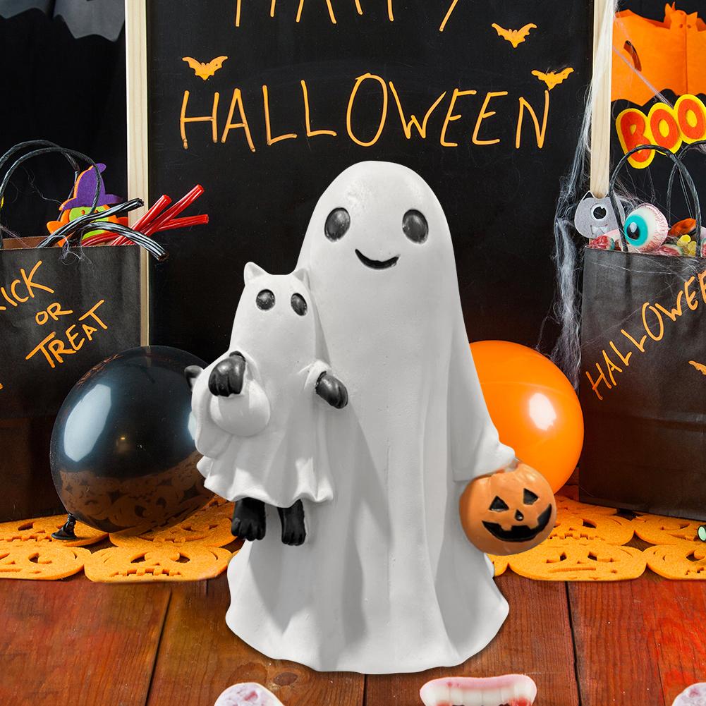 Halloween Ghost Tabletop Sculpture with Pumpkin Spooky Ghost Resin Figurine Hugging Cat for Home Holiday Decoration