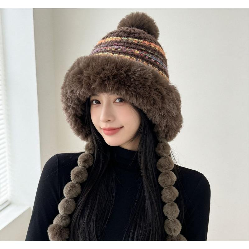 Winter Fleece Thick Warm Hat Women'S Sweet Cute Pom-Pom Braided Lei Feng Hat Ear Protection Cold-Proof Hat