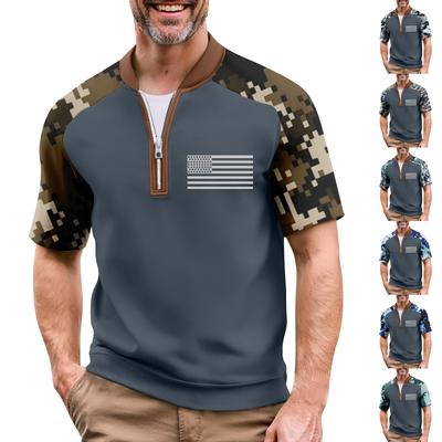 Męski letni kamuflażowy T-shirt casual z rękawem raglanowym, sportowy top z nadrukiem flagi i szyją zapinaną na zamek