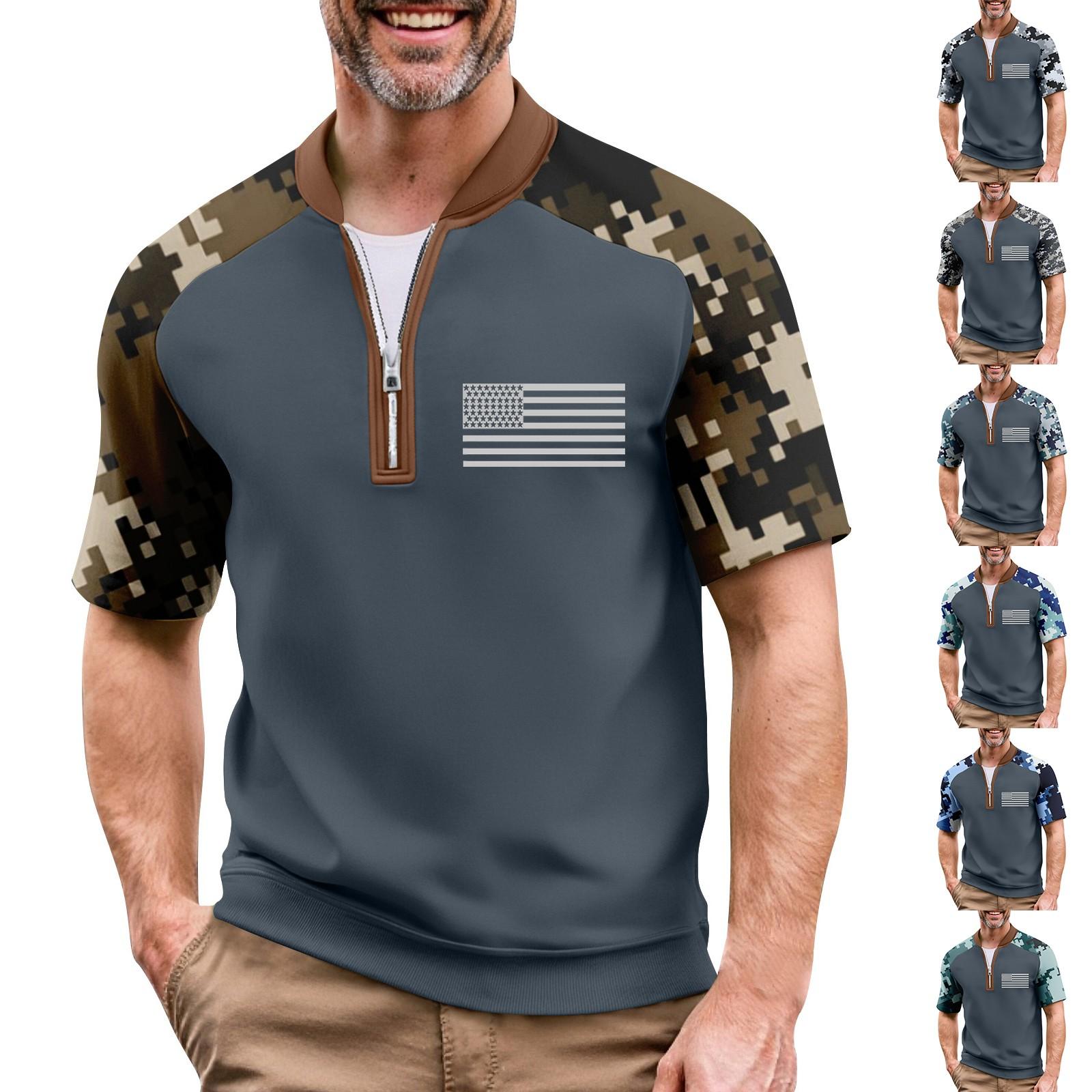 

Men s Summer Camouflage Raglan Sleeve Casual T-Shirt Sports Flag Printed Zipper Neck Top S чорний