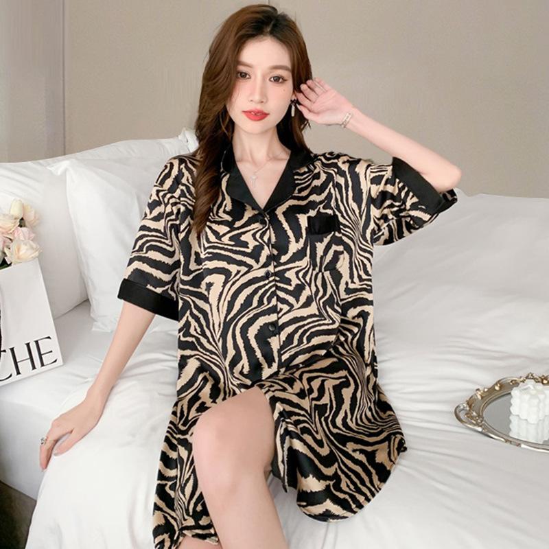 Premium Zebra Pattern Summer Boyfriend Style Pajamas Women'S Short-Sleeved Thin Women'S Striped Loungewear Set