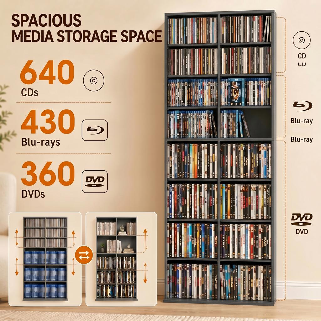 640 CD/360 DVD Storage Unit, Blu-ray Media Storage Shelf, Grey