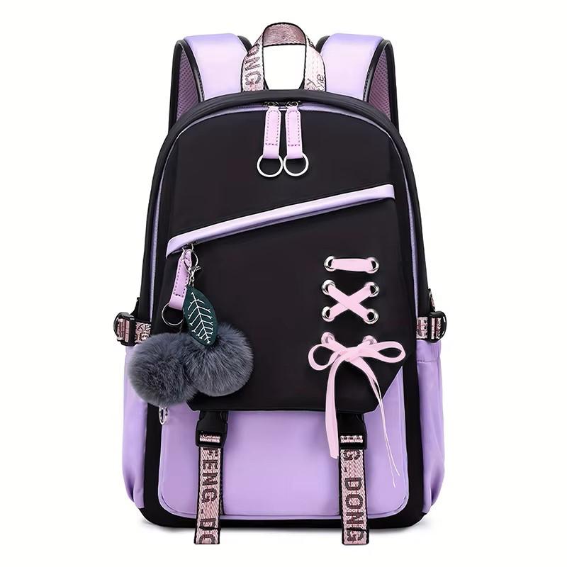 Capacity Large Schoolbag With Cute Plush Pendant Cute Girls Backpack Waterproof Nylon Fabric Bookbag For Kids Teens Students