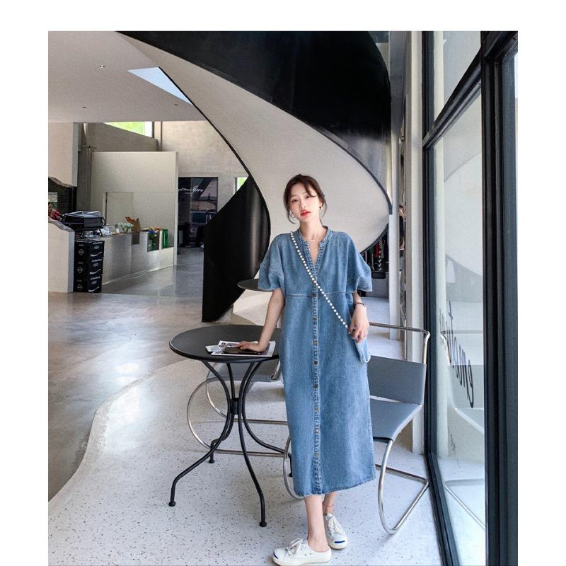 Vintage Hong Kong Style Denim Dress for Women Summer Thin Fabric High End Sense Loose Casual Straight Long Dress